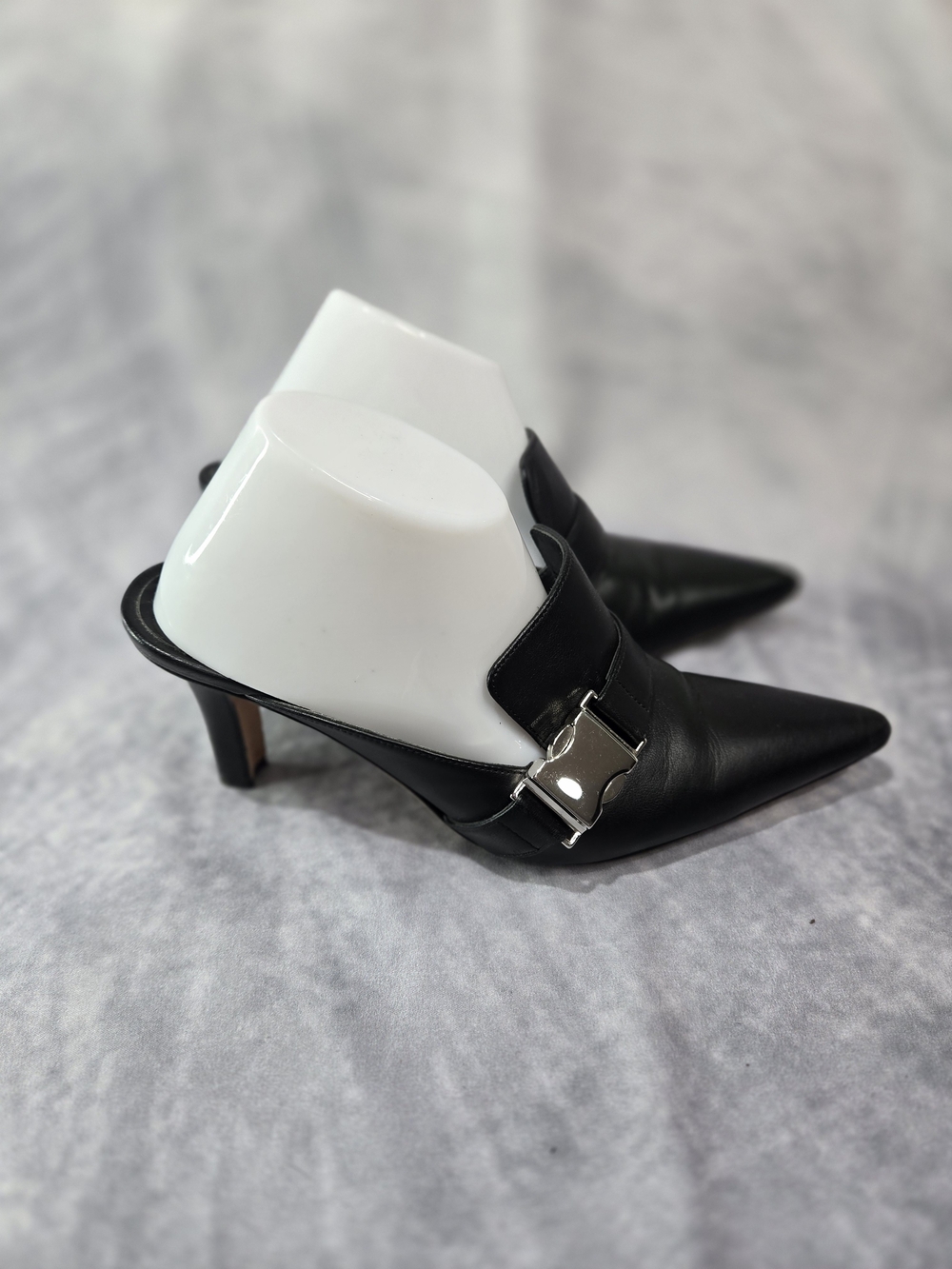 Manolo Blahnik Black Pointed Leather Mules with Silver Buckle